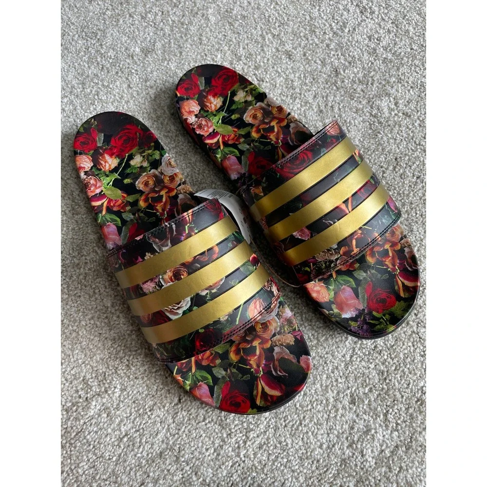 Adidas Adilette Comfort Slides Mens 18 Floral Rose Gold Stripes Sandals EG1850